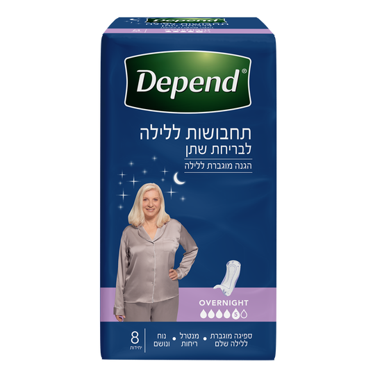 צילום קידמי של אריזת מוצר תחבושות לבריחת שתן ללילה של מותג דיפנד באריזה חדשה. רואים אישה ולצידה הדמיה של תחבושת